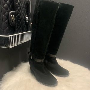 Black leather suede boots wool lined warm